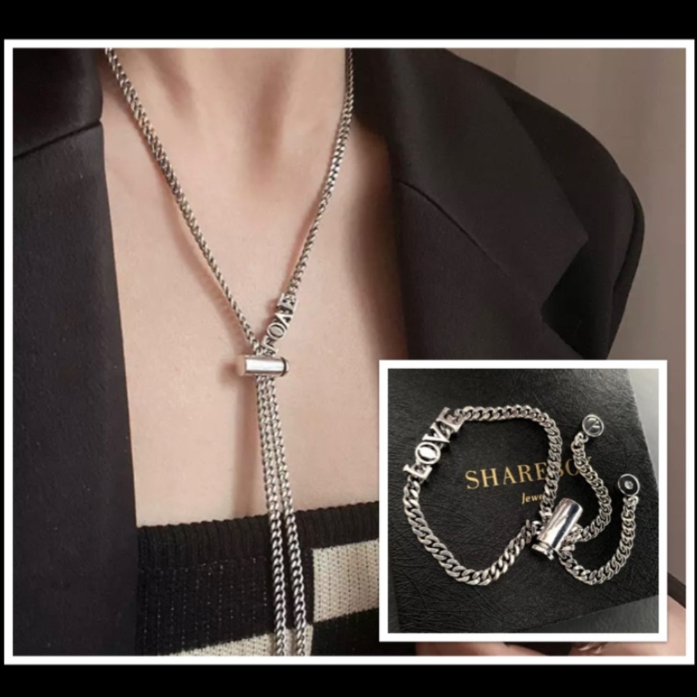 Sterling Silver Love Tassel Necklace Bracelet Matching Set